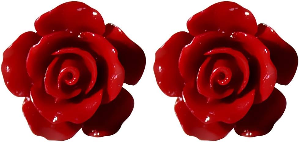 Carved Red Rose Stud Earrings