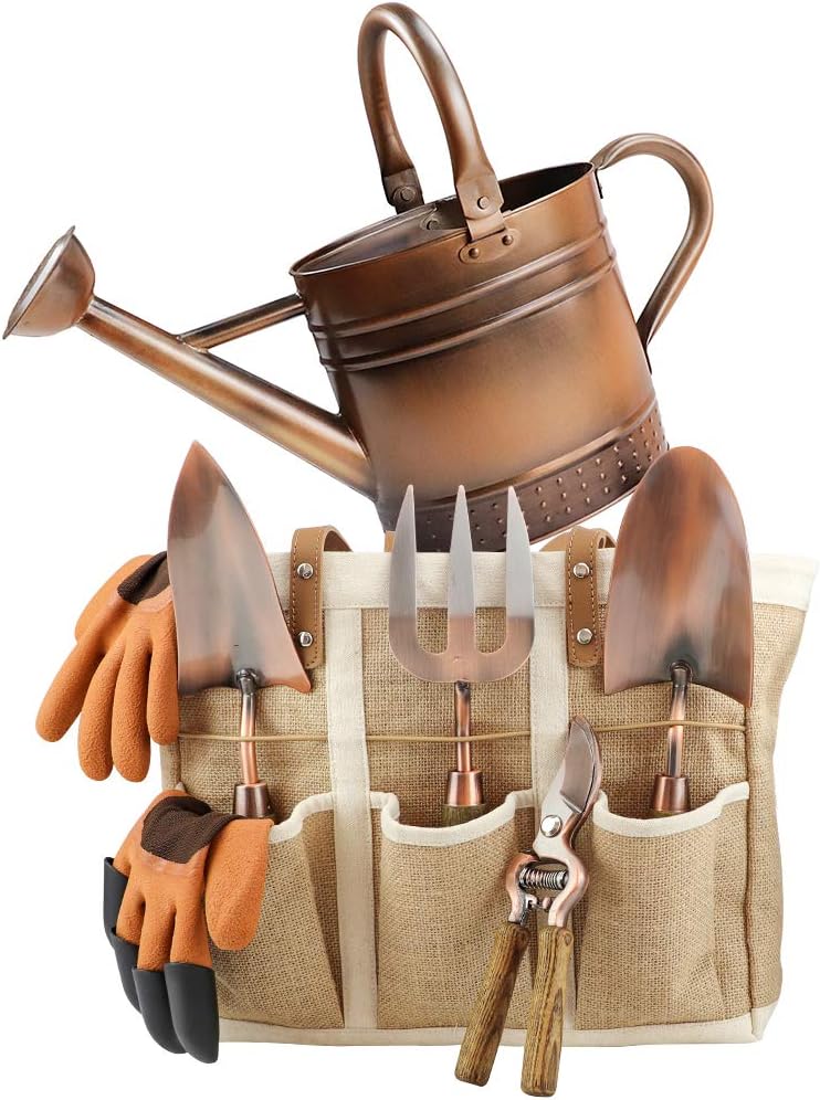 1 Gallon Galvanized Steel Watering Can with 3 Pcs of Garden Tools, 1 Pc of Pruning Shear, 1 Pair of Gardening Gloves，1 Pc of Garden Tools Organizer Tote