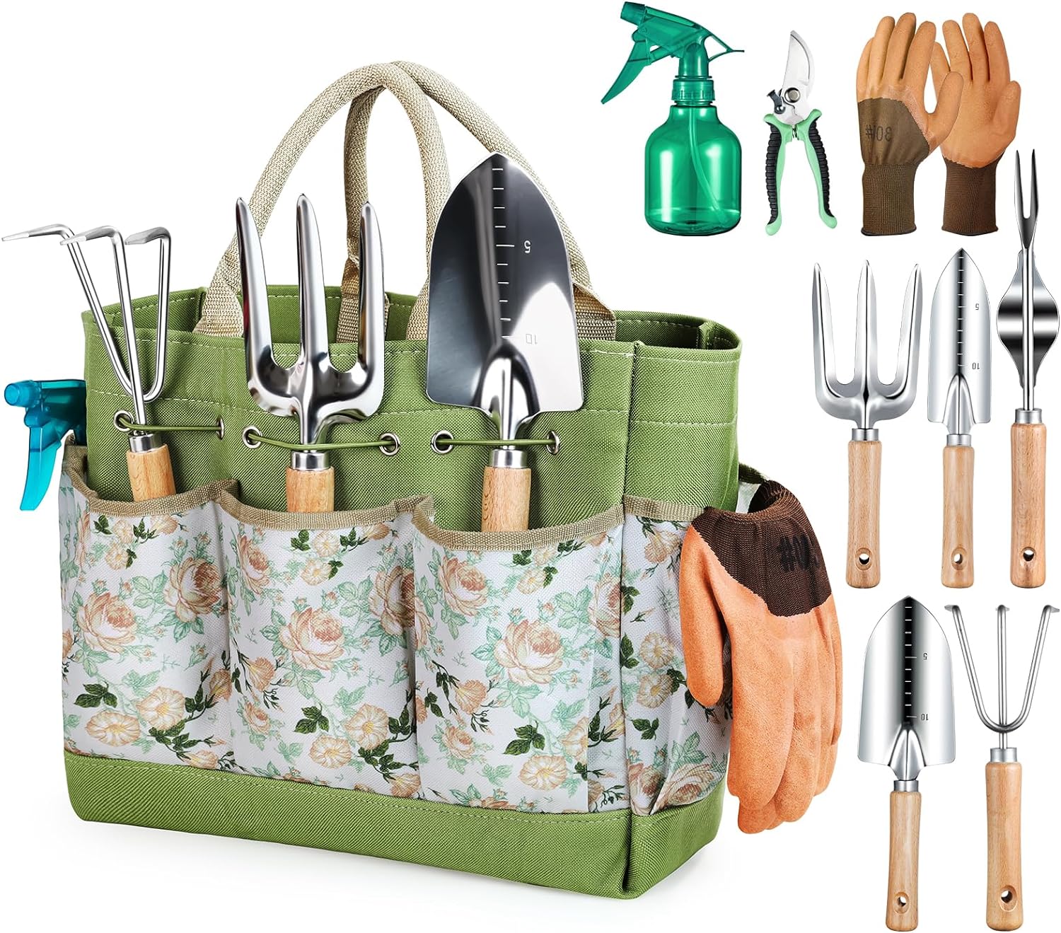 Gardening Tools 9-Piece Heavy Duty Garden Hand Tools with Fashion and Durable Garden Tools Organizer Handbag, Rust-Proof Garden Tool Set, Ideal Gardening Gifts