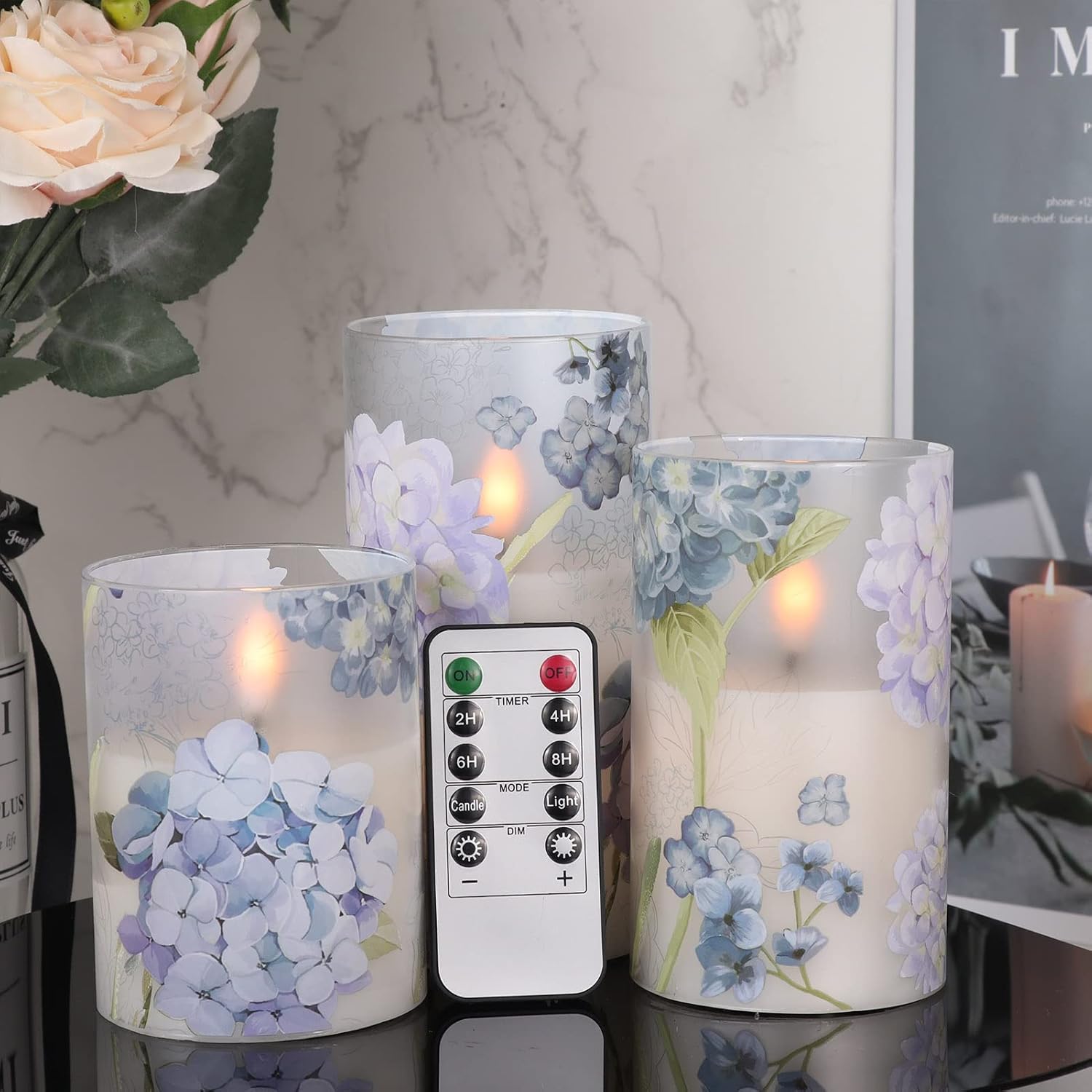 Hydrangea Glass Flameless Candles with Remote Timer Battery Operated LED Flickering Pillar Candles