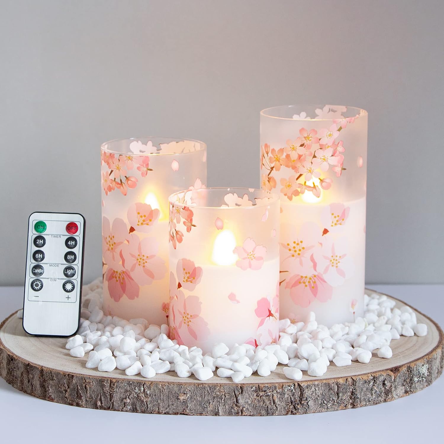 Pink Cherry Blossom Remote Candle Trio