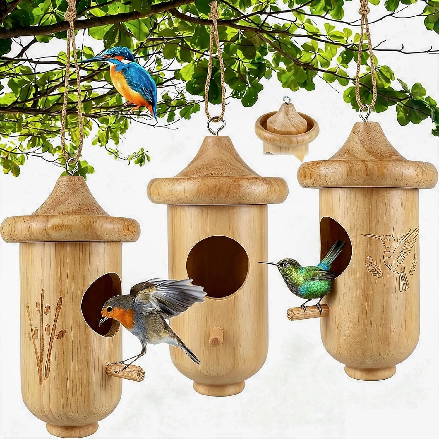 Wooden Hummingbird House and Feeder