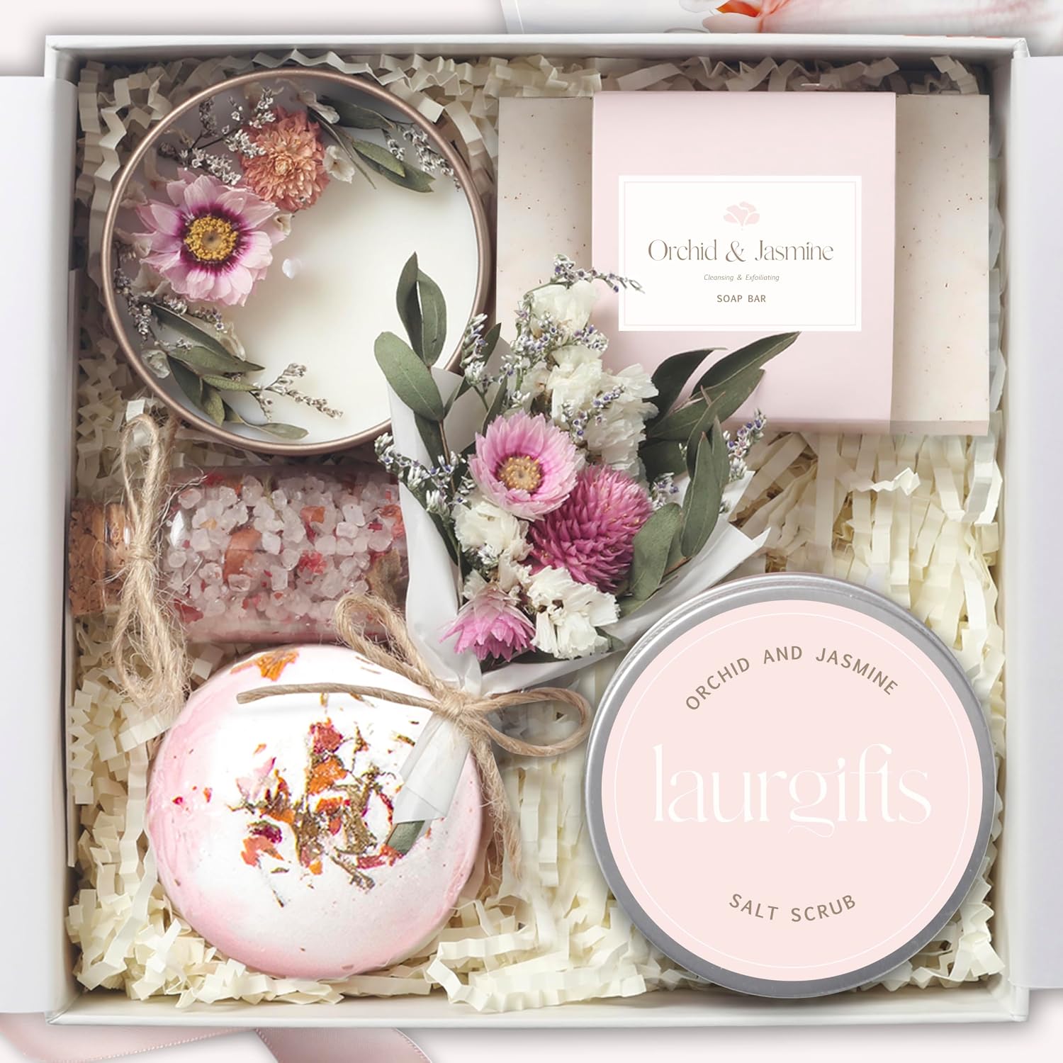 Birthday Gifts for Women – Orchid & Jasmine Spa Gift Basket, Luxury Candle Set & Bath Sets Self Care Box