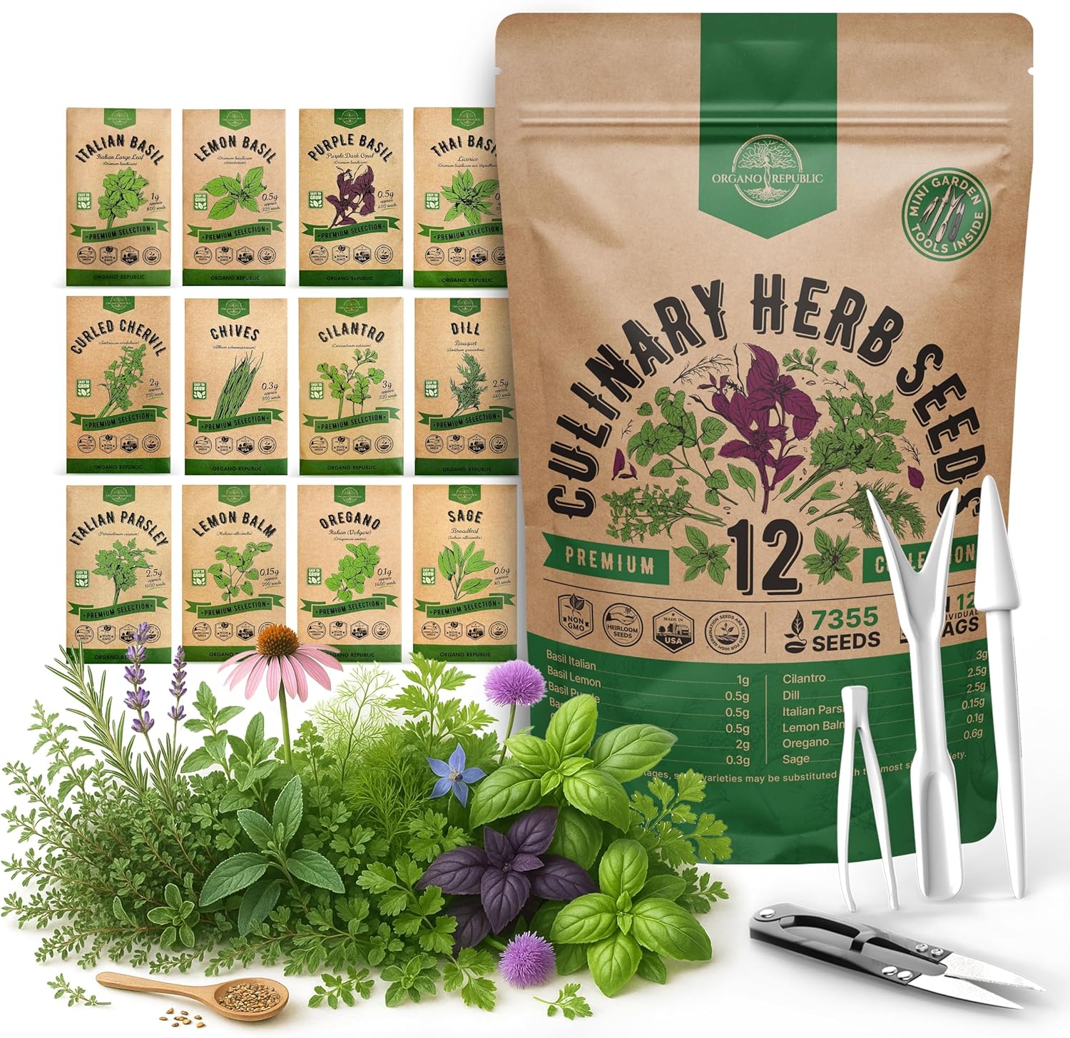 12 Culinary Herbs Seeds Variety Pack - 7,355+ Heirloom, Non-GMO, Herbs Seeds