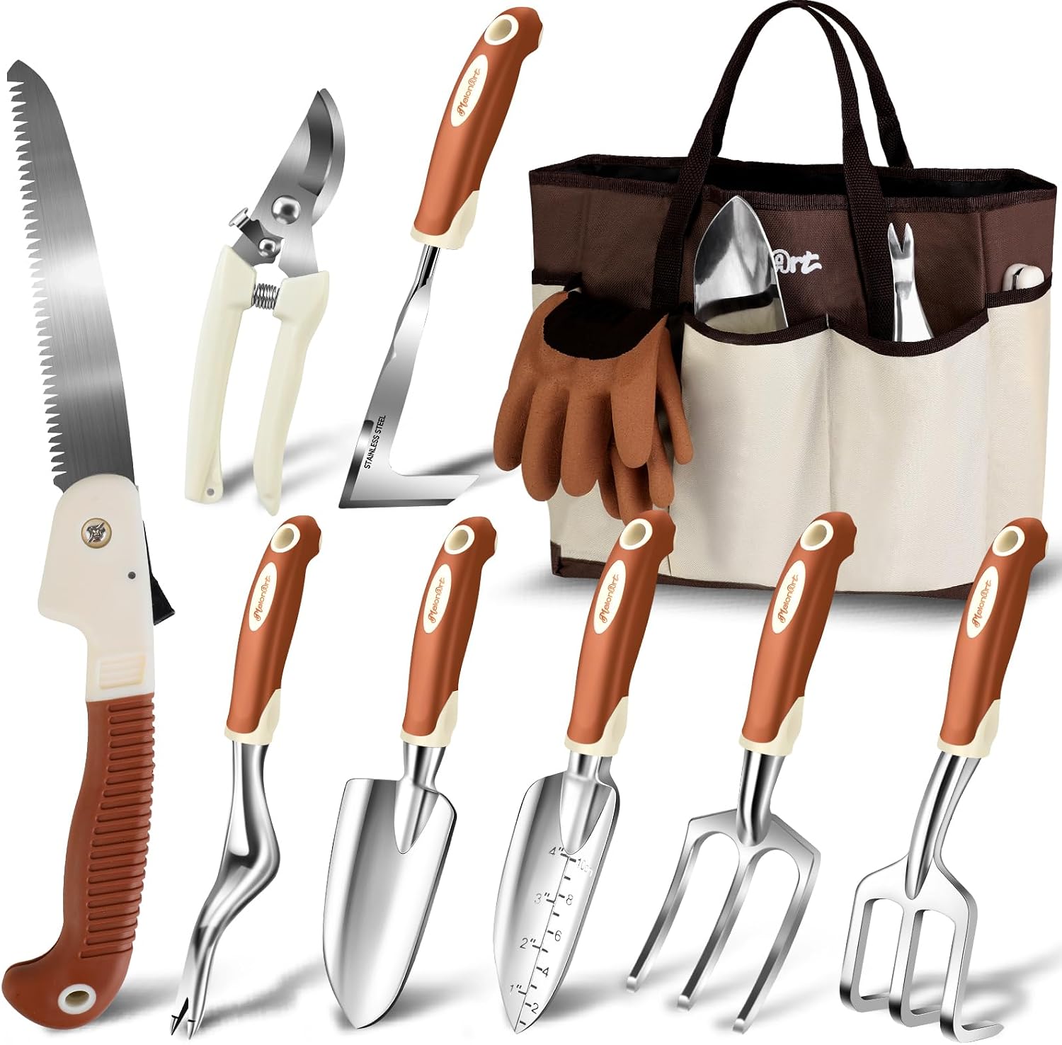 Garden Tool Set,10 Pcs Heavy Duty Gardening Hand Tool Kit for Women Aluminum with Non Slip Ergonomic Handle, Storage Tote Bag and Gardening