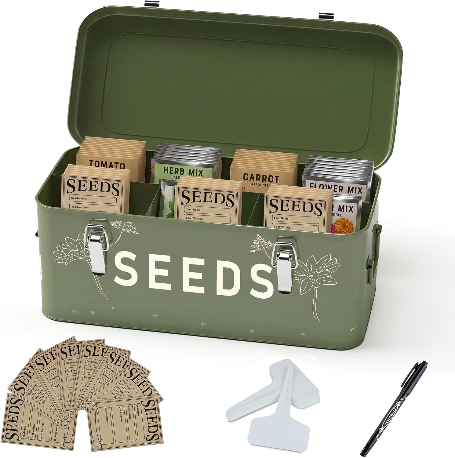 Metal Seed Storage Organizer, 4 Compartments Saving Box with 30 Envelopes & Labels, Garden Organization Bin