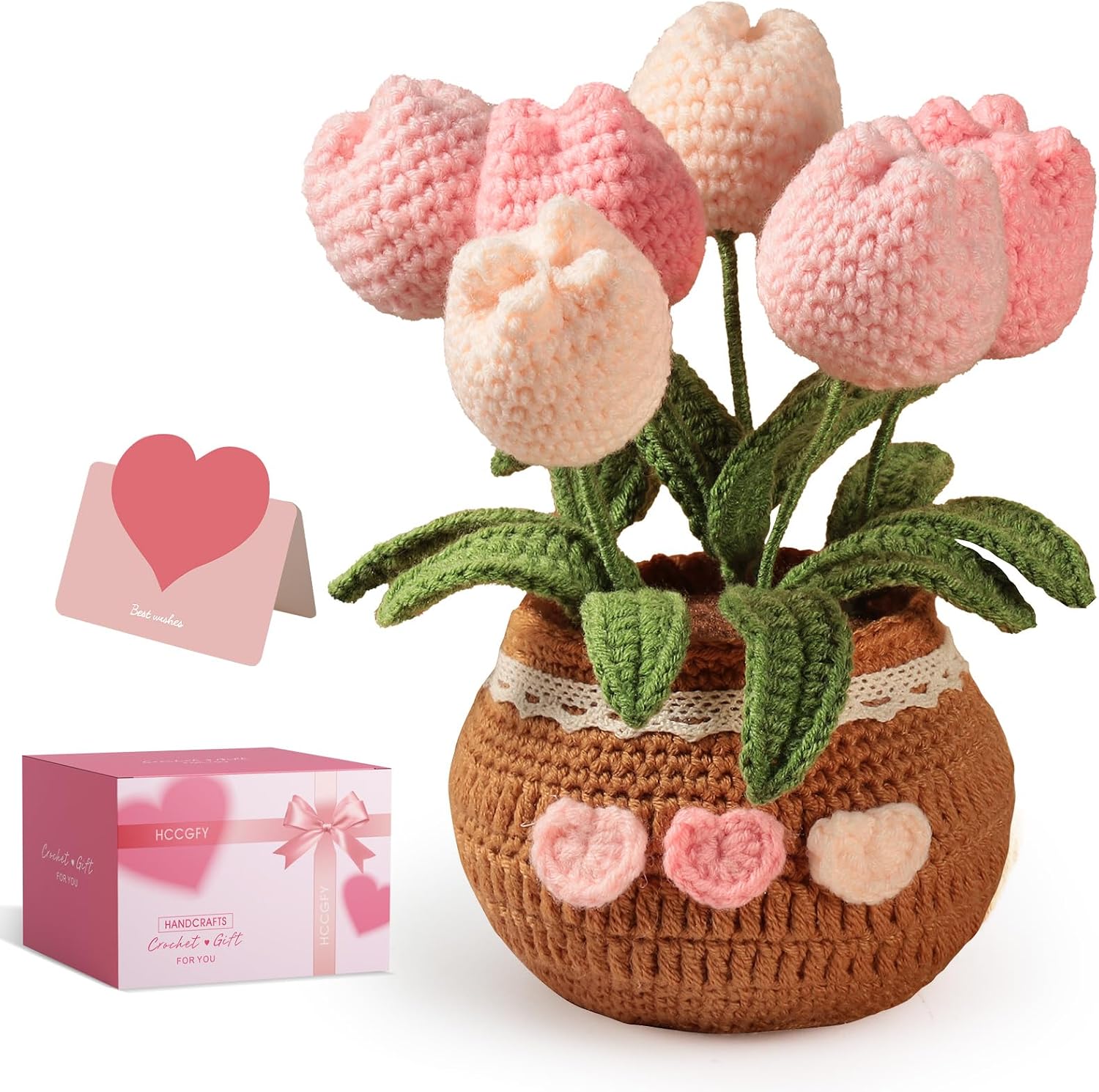 Crochet Flowers Bouquet, Handmade Knitted Tulip Pot with Gift Box and Card, Never Wilt Fake Plant Table Top Décor