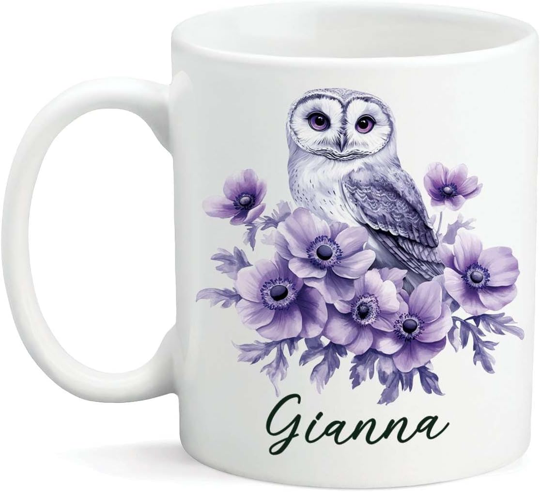 Purple Anenome Flower and Owl Coffee Cup