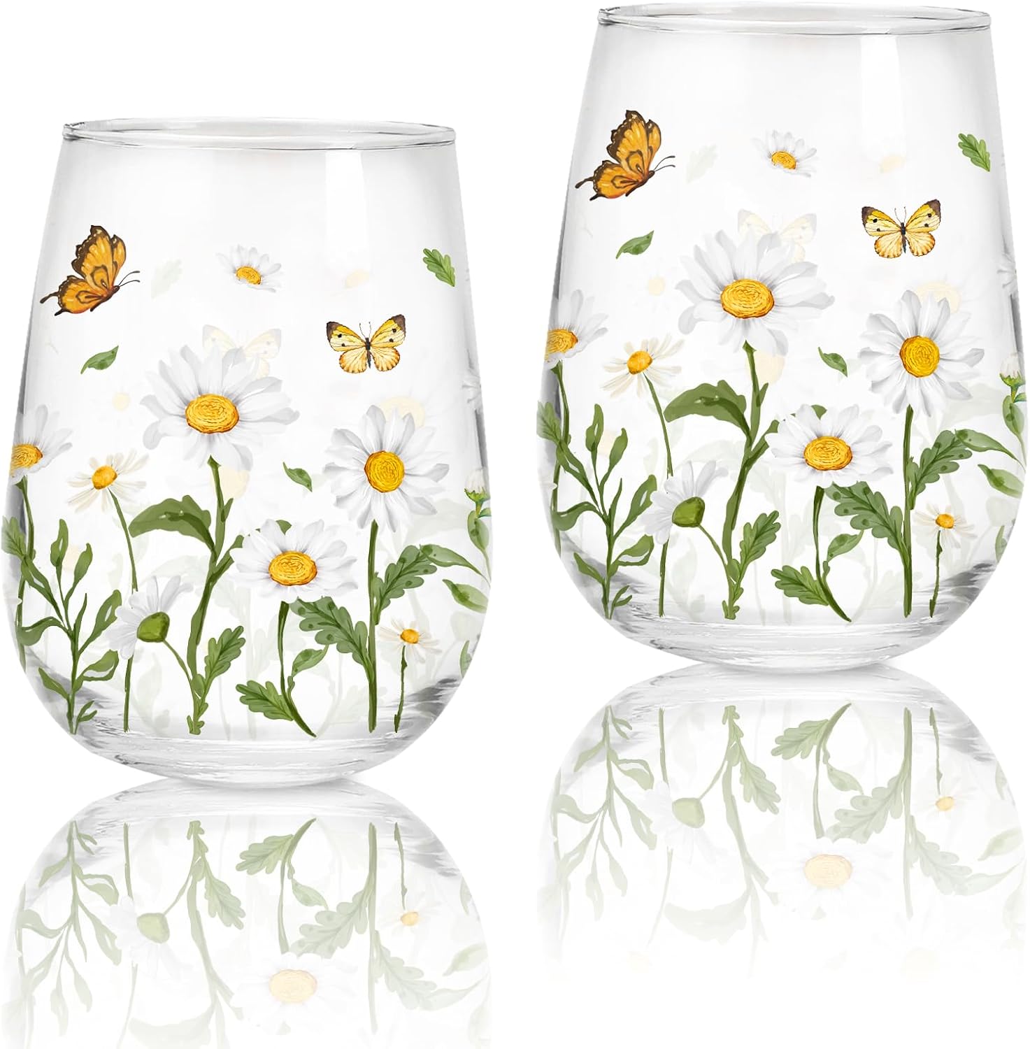 Daisy Flower Stemless Wine Glass