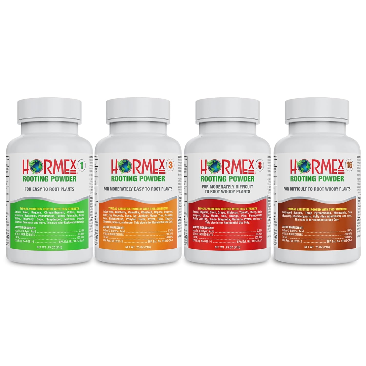 Hormex Rooting Powder Combo #1, 3, 8, 16 (0.10-1.6 IBA) for Delicate & Common Houseplants to Hardwood