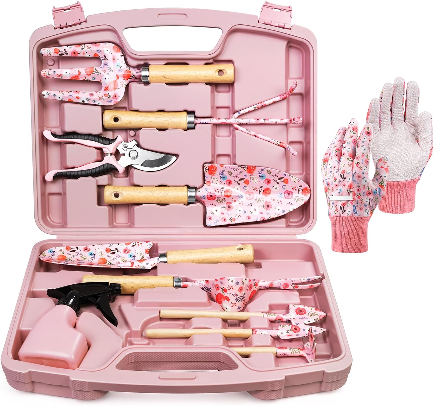 12-Piece Gardening Tools Set, Floral Print Garden Tool Set Gift, Rust-Proof & Heavy-Duty Trowel, Rake, Weeder, Pruner with Hard Case