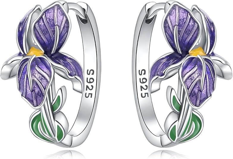 Sterling Silver Hoop Iris Flower Earrings