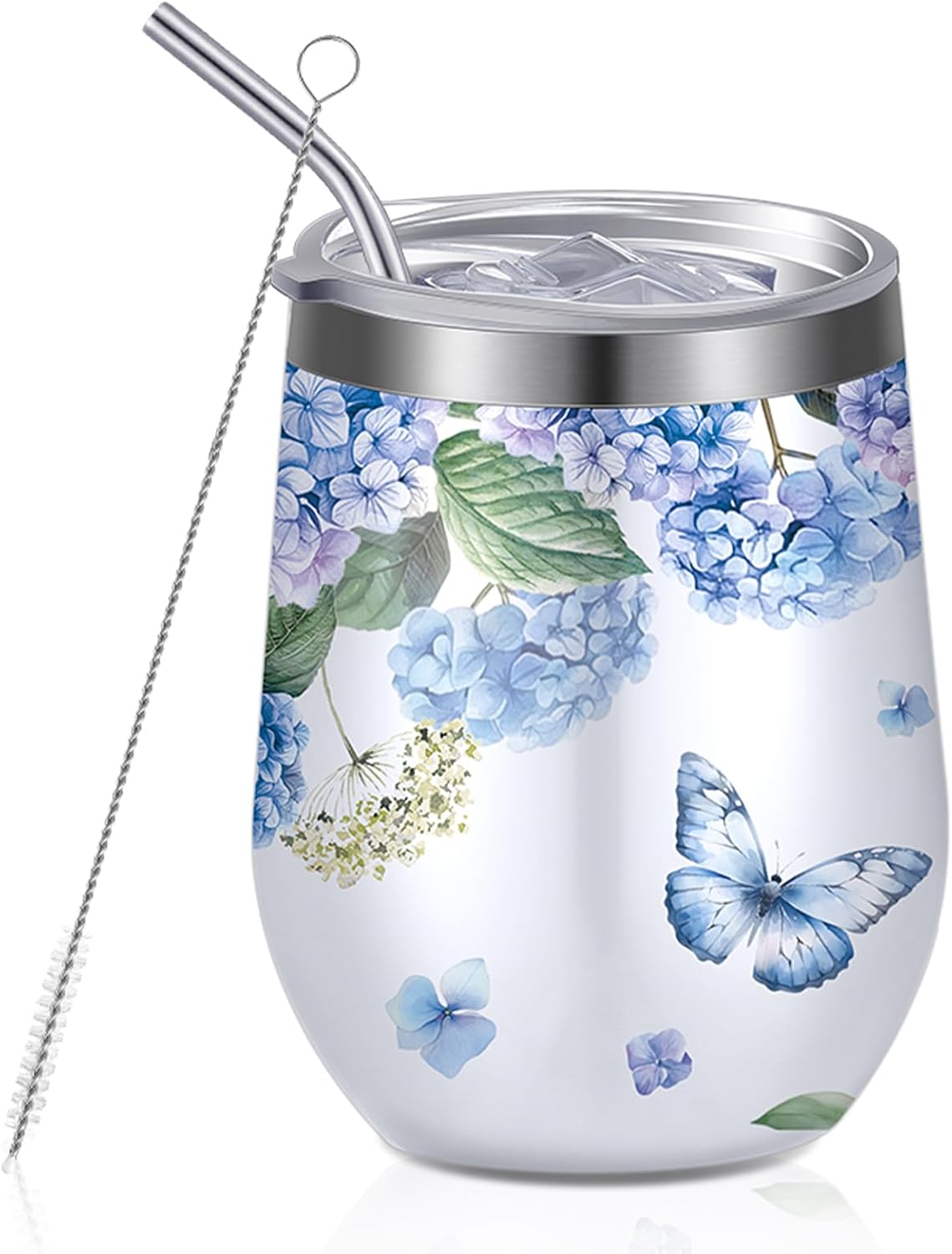 Floral Insulated Wine Tumbler 12 oz Hydrangea Butterfly Stainless Steel Wine Glass with Lids