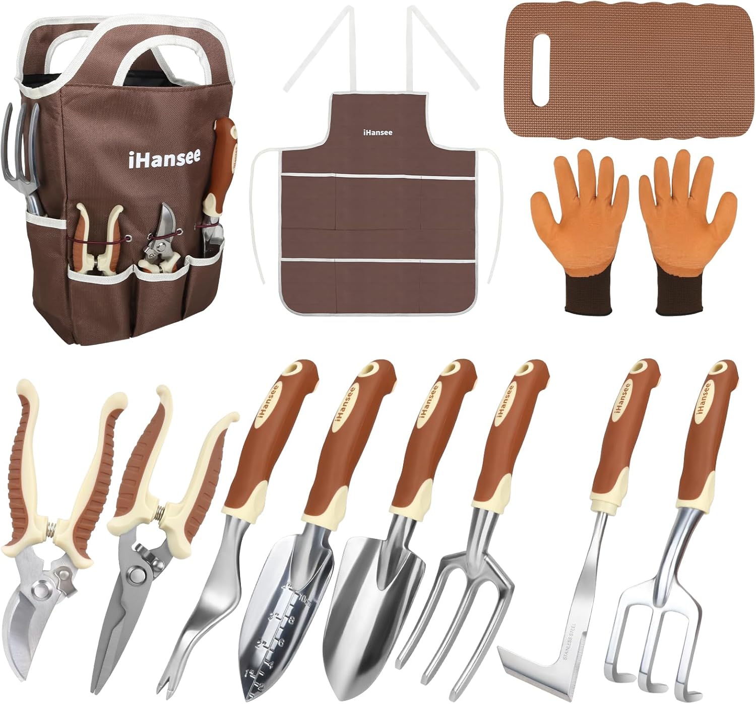 Brown Gardening Tools Set 12-Piece, Garden Hand Tool Kit with Non-Slip Ergonomic Handle, Storage Tote Bag, Garden Apron, Gloves and Kneeling Pad, Gardening Gifts