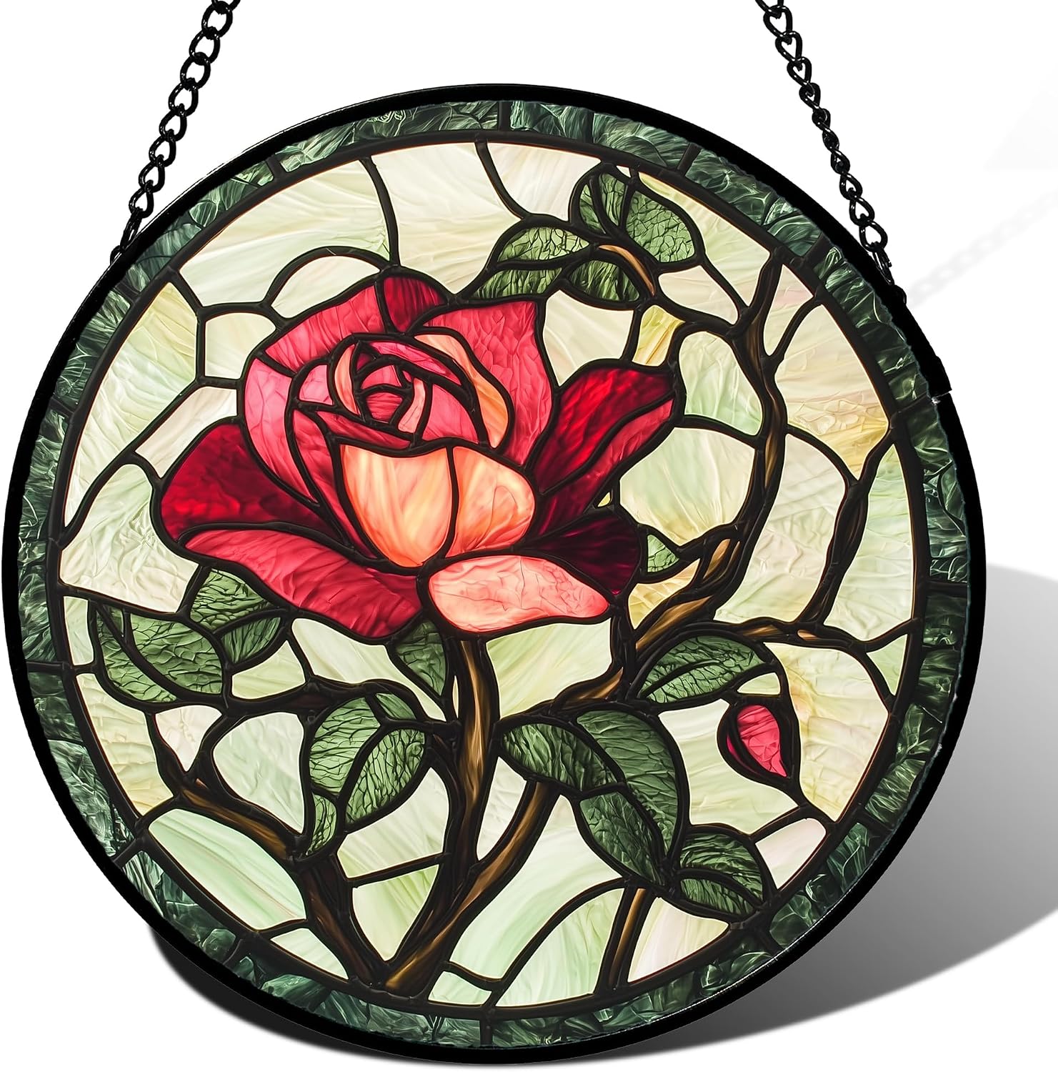 Stained Glass Window Hanging, Red Rose Flowers Sun Catcher