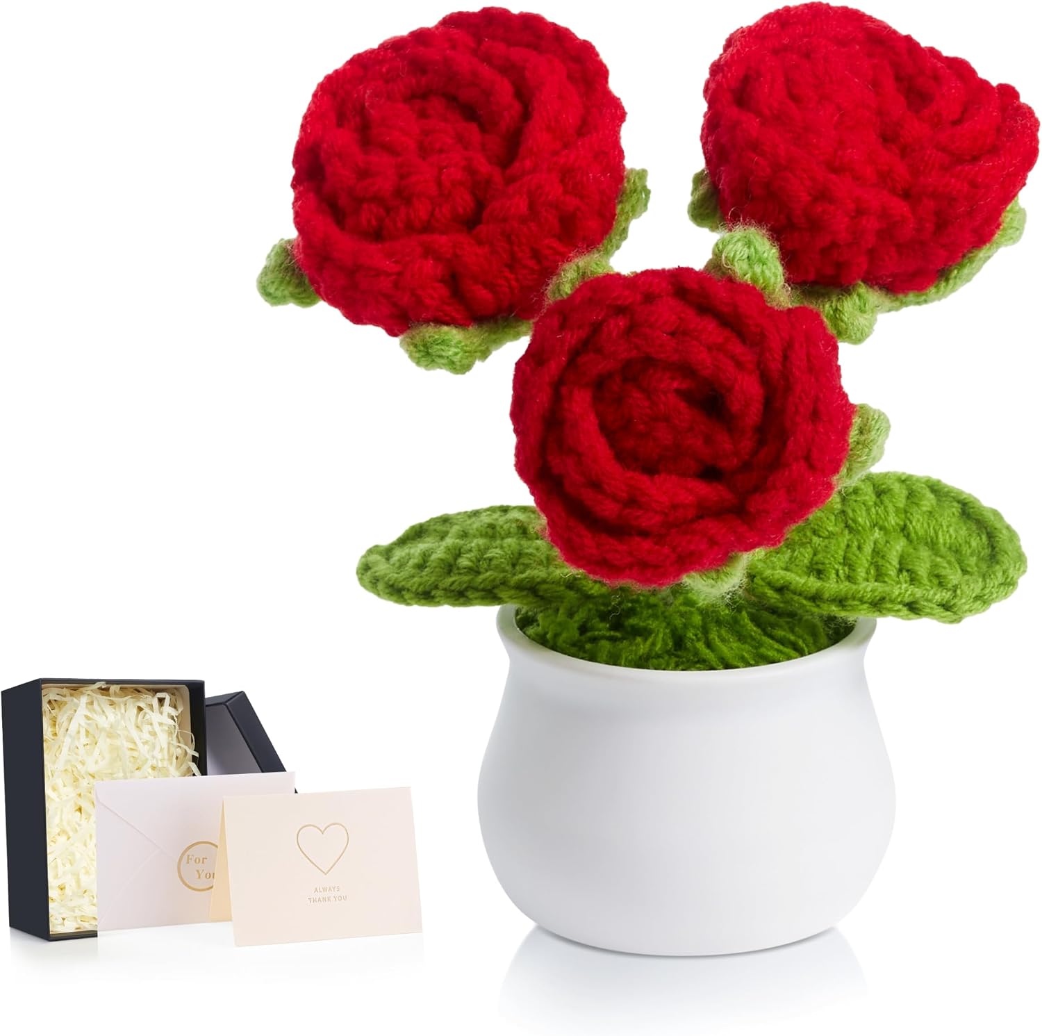 Crochet Flowers Red Roses Mini Potted, Handmade