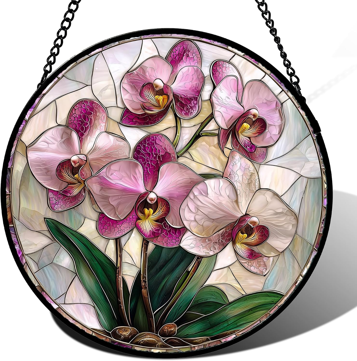 Stained Glass Window Hanging - Pink Purple Phalaenopsis Flowers Sun Catcher