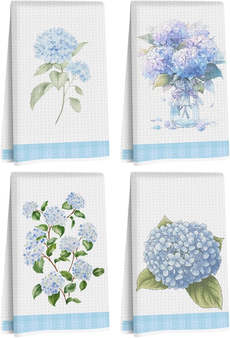 4 Pcs Artistic Hydrangea Kitchen Towels