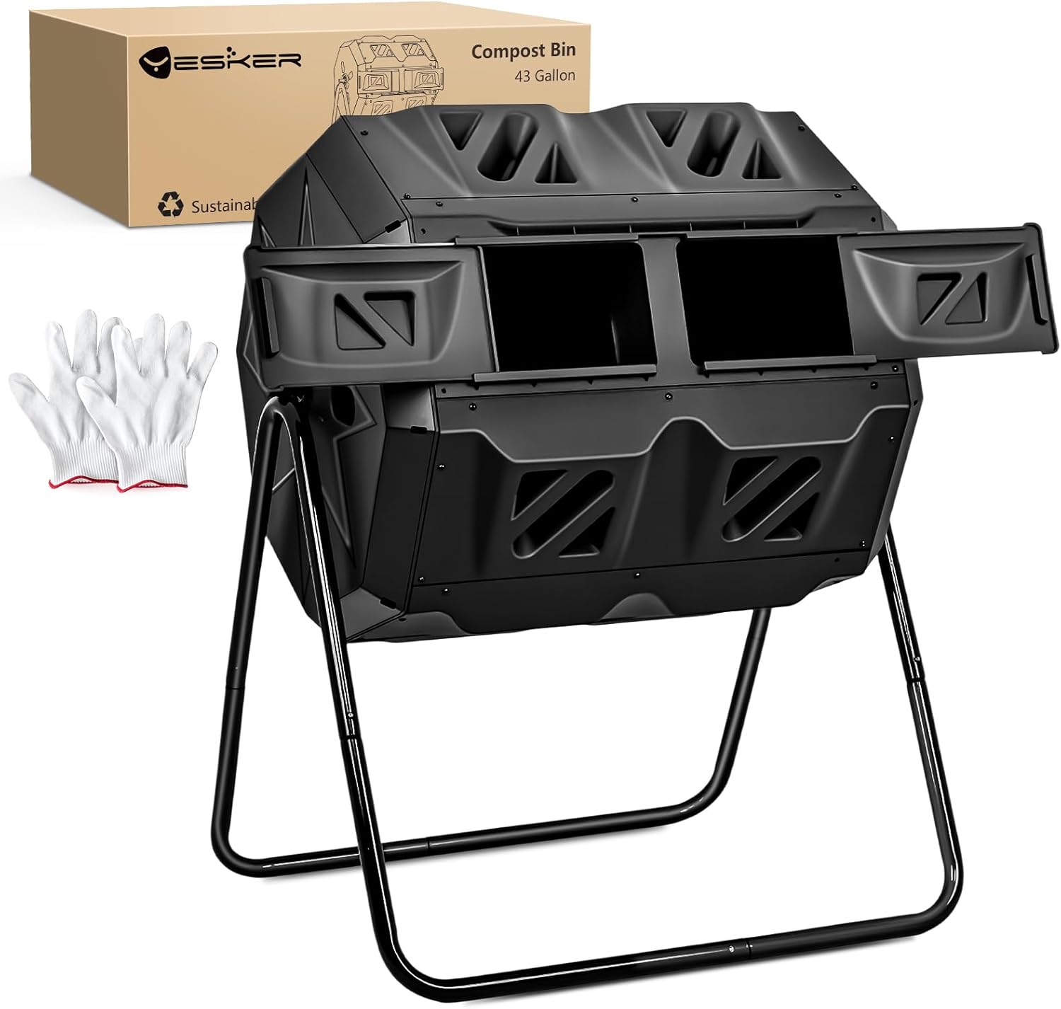 Dual Chamber Compost Bin Outdoor, 43 Gallon Rotating Tumbling Composter with Sliding Doors