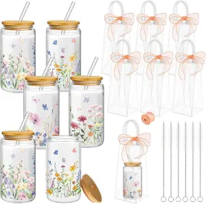 Sets Wildflower Cute Glass Cups with Lids and Straws Bulk, 16 Oz