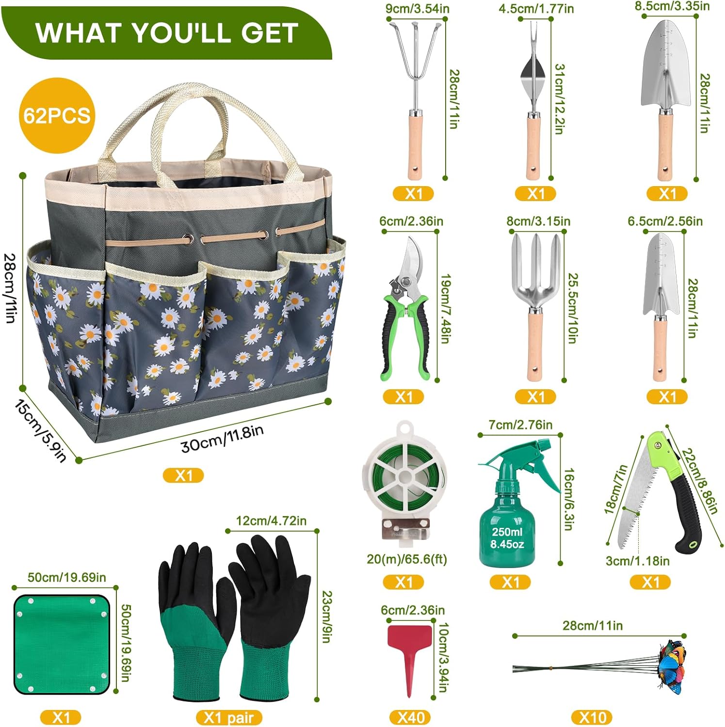 62-Piece Heavy-Duty Garden Tool Set, Complete Garden Tool Kit with Stainless Steel Shovel, Repotting Mat, Pruning Shear&Durable Gardening Tool Bag, Gardening Gift Set