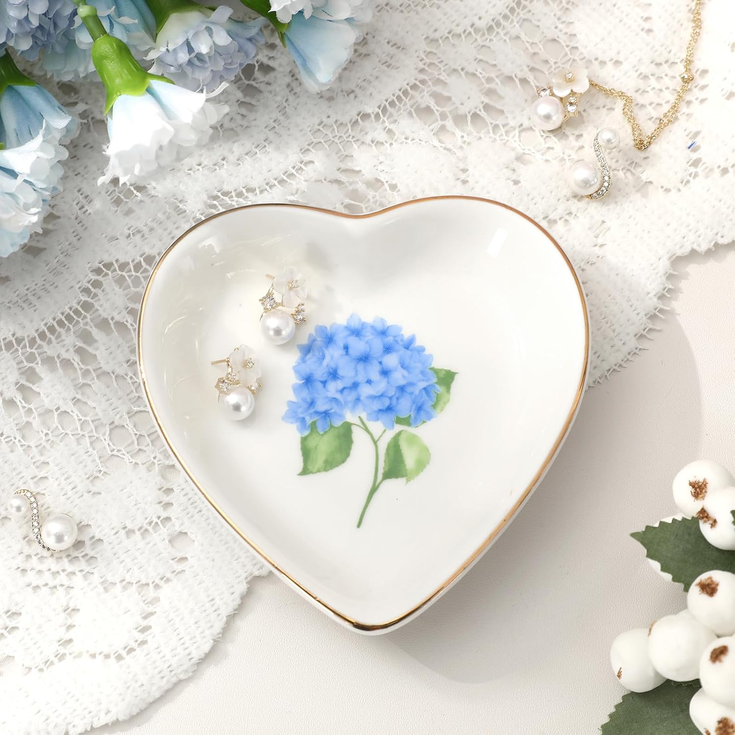 Hydrangea Flower Ring Dish Heart Shaped Ceramic Jewelry Tray