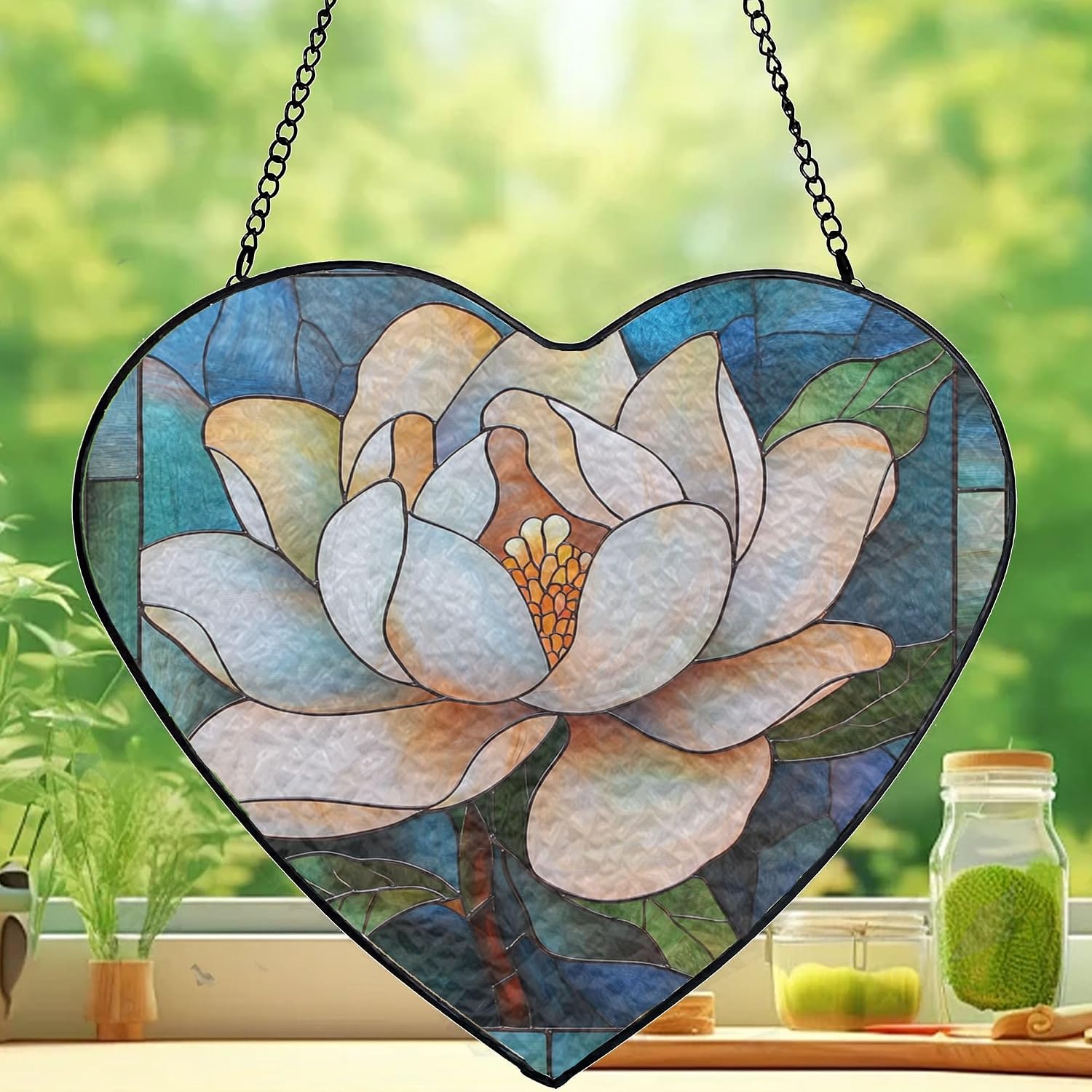 Heart Shaped Stained Glass Magnolia Suncatcher