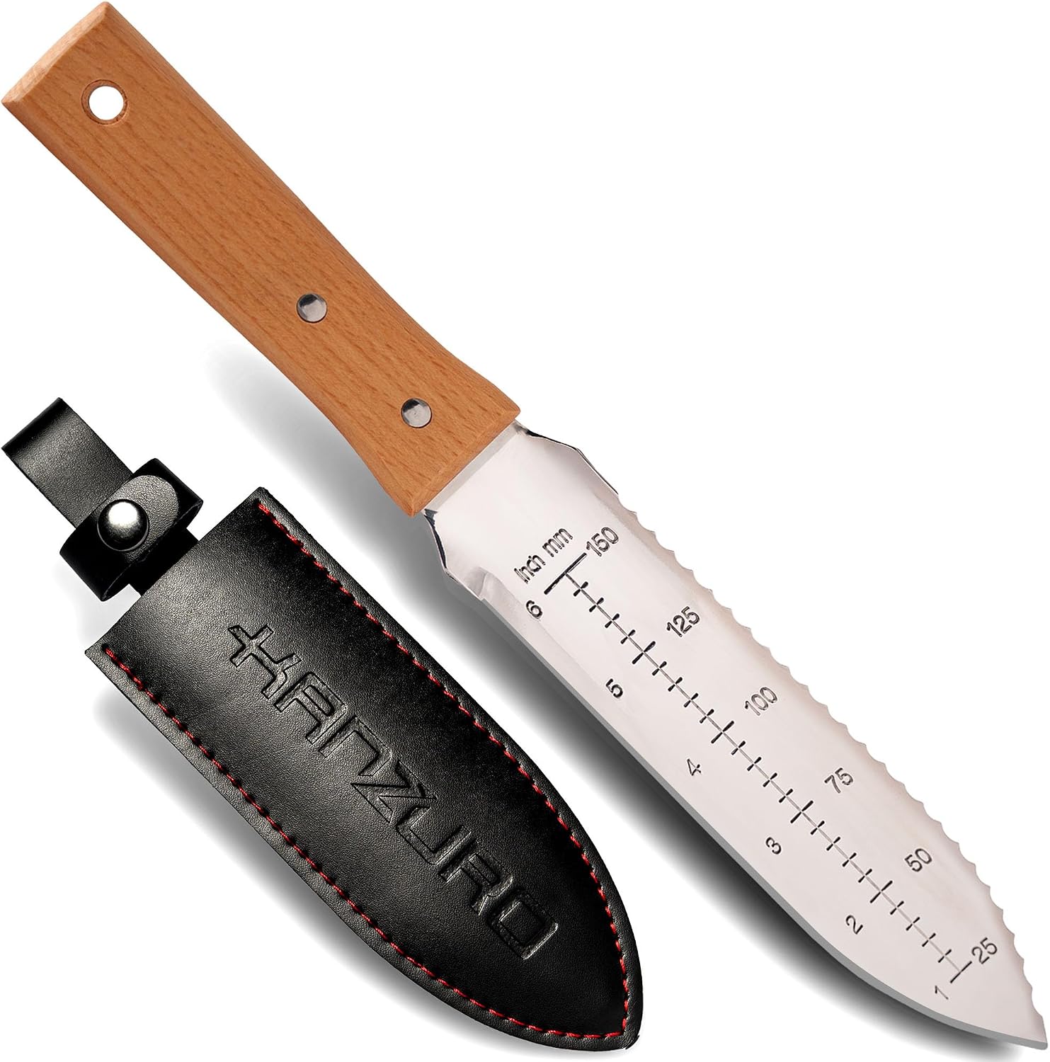 Hori Hori Garden Knife - Japanese Style Weeding & Digging Knife with Stainless Steel Blade, Depth Markings, Wooden Handle & Protective Sheath