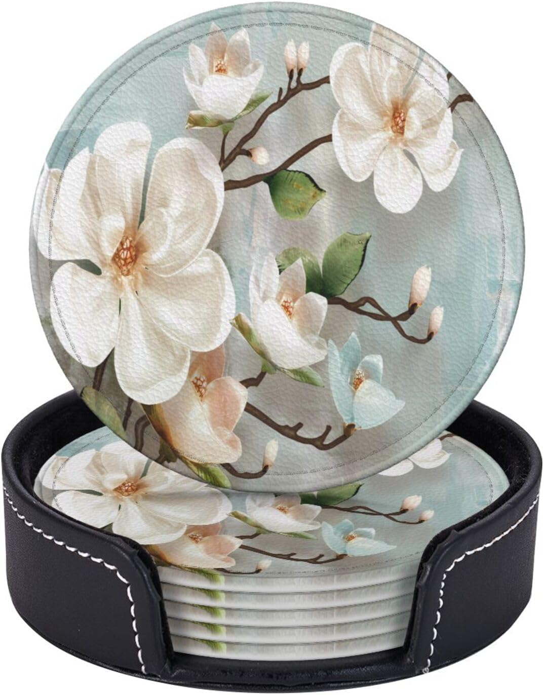 Magnolia Flowers Leather Coasters (set of 6)