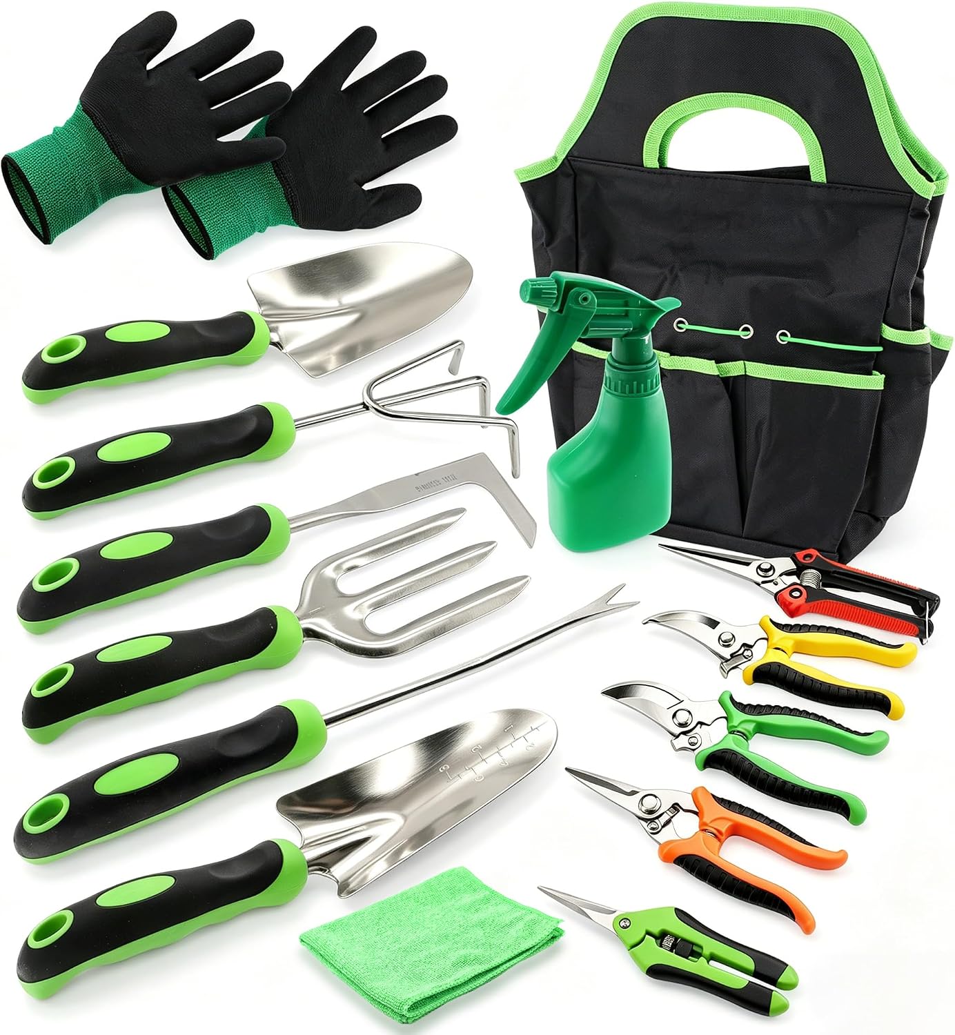 15Pcs Garden Tool Set Heavy Duty Stainless Steel Gardening Hand Tools with 5 Garden Shears Non-Slip Rubber Grip Spade Shovel Organizer Handbag Gardening Gifts