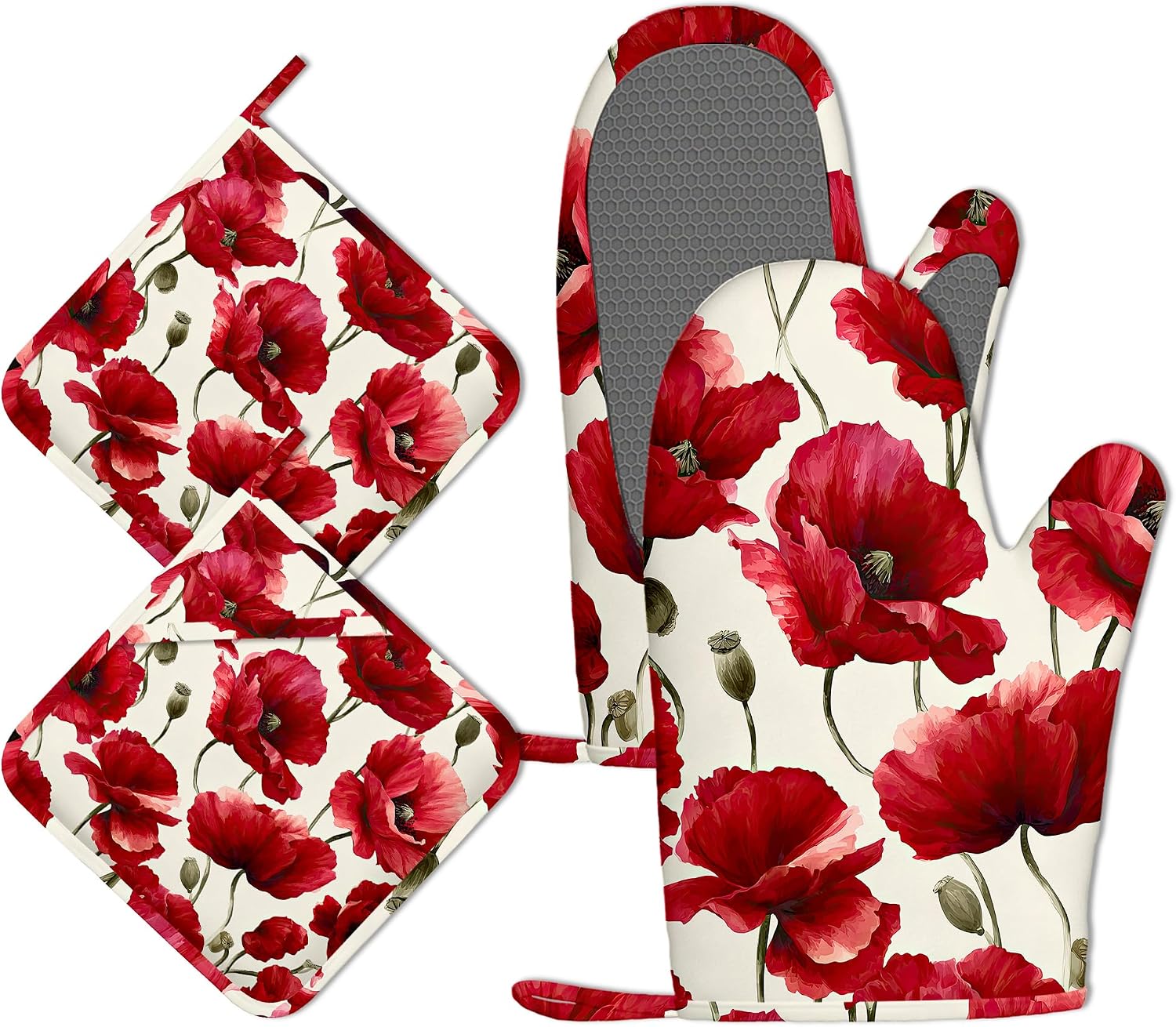 Red Poppy Oven Mitts and Pot Holders