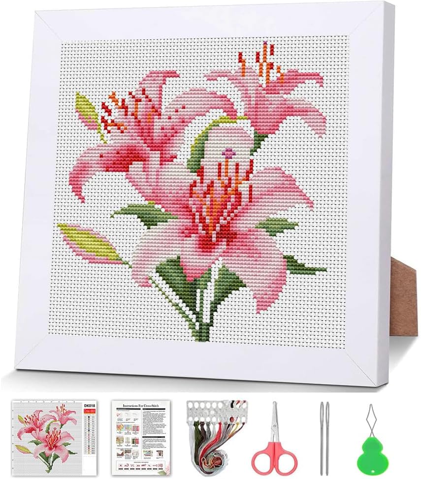 Pink Lily Flower Stamped Cross Stitch Kit
