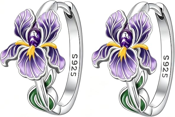Iris Earrings 925 Sterling Silver Purple Iris Hoop Earrings