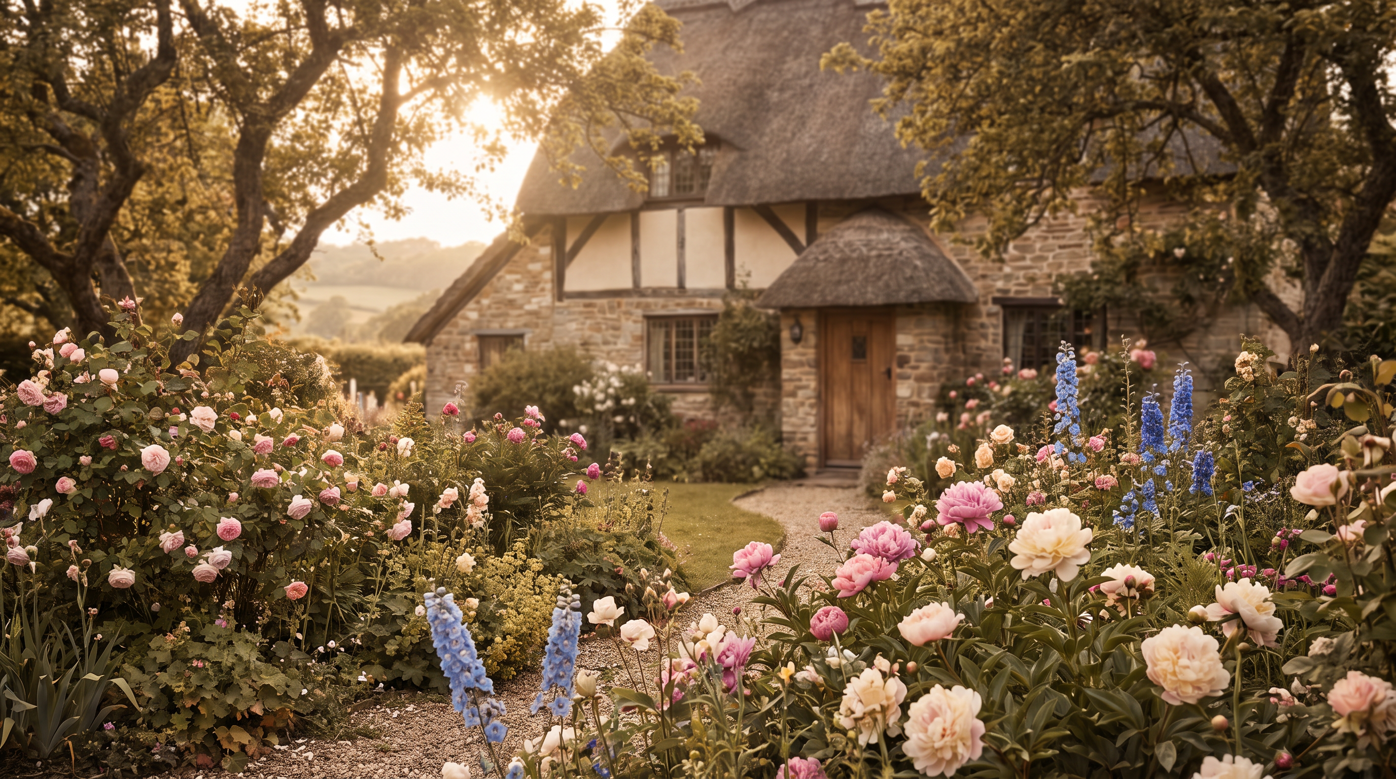Sunlit cottage garden border in full bloom with roses, peonies, and delphiniums