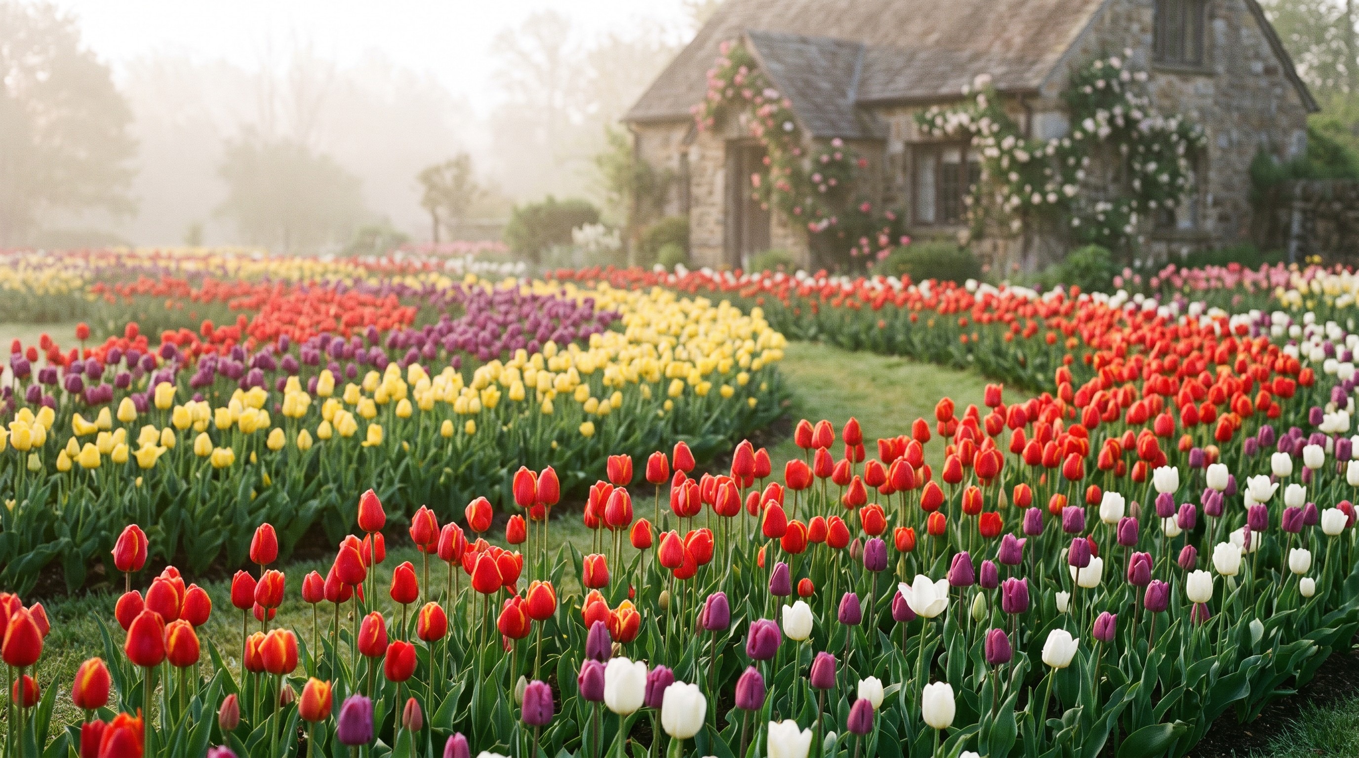 Prompt: garden bed in full late-spring growth with tulips fading and perennials filling in, natural daylight, photographic