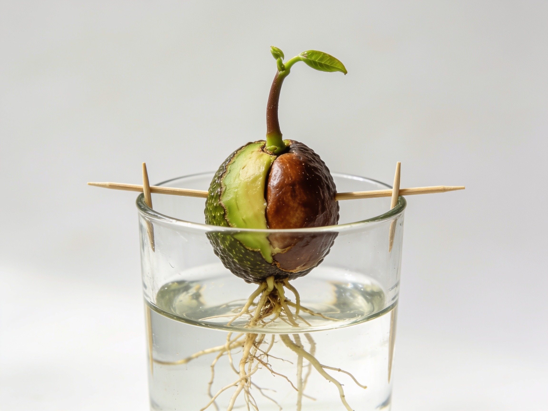 Prompt: avocado pit suspended in water with toothpicks, sprouting roots and a stem, natural daylight, photographic